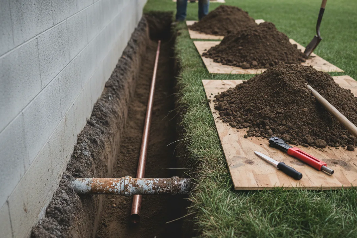 Excavated water line trench during Water Softener Installation in Bealeton